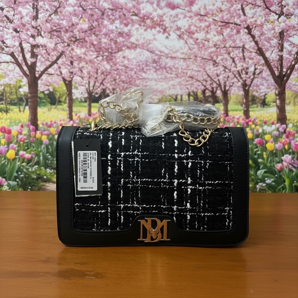 Badgley Mischka Tweed Crossbody Bag Womens Black White Gold Chain Medium Classic
